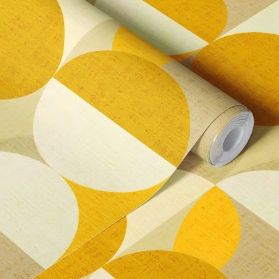 an orange and yellow wallpaper with circles on it's side, next to a roll of tape Halloween Circle Geometric In Ochre Mid Century Modern, Modern, Wall Graphics, Paste, burlywood