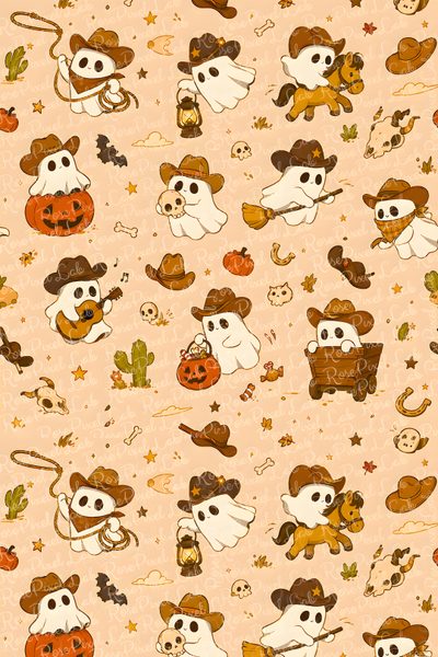 an image of a halloween pattern with dogs and pumpkins Cowboy Ghost Halloween Halloween Fabric, Digital Background, Playing Guitar, Horse Riding, navajo white