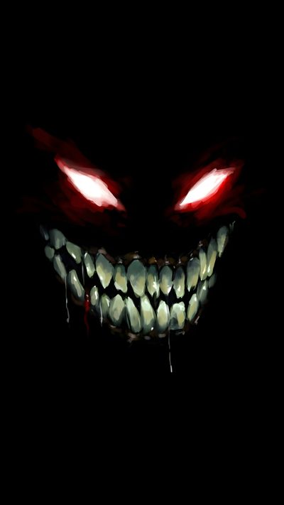 an evil face in the dark with red eyes and fangs on it's teeth Halloween Teeth Scary Backgrounds, Creepy Smile, Smile, Scary, Goth, Joker Art, black