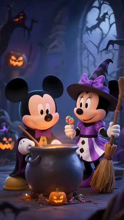 two mickey mouses dressed up as witches in front of a caulder filled with candy Mickey And Friends Halloween Backgrounds Mickey Mouse Illustration, Halloween Time At Disneyland, Mickey Mouse Invitations, dark slate gray