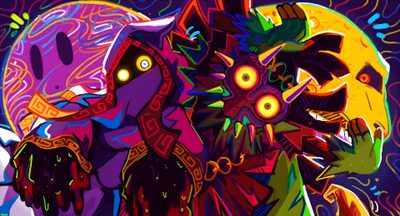 an abstract painting of two people in front of a purple background with yellow and orange lights Legend Of Zelda Halloween Majoras Mask Banner, Majoras Masks, Zelda Majoras Mask Fanart, maroon
