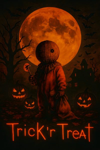 a trick'r treat poster with a creepy scarecrow holding a jack - o - lantern Halloween Sam Sam From Trick Or Treat, Trick R Treat Sam Iphone, Trick Or Treat Sam, black
