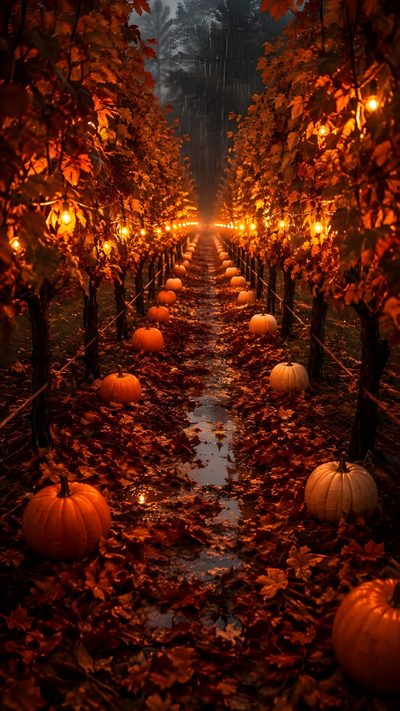 a row of pumpkins in the middle of a tree lined path with lights on them Halloween Pumpkin Path Halloween, maroon