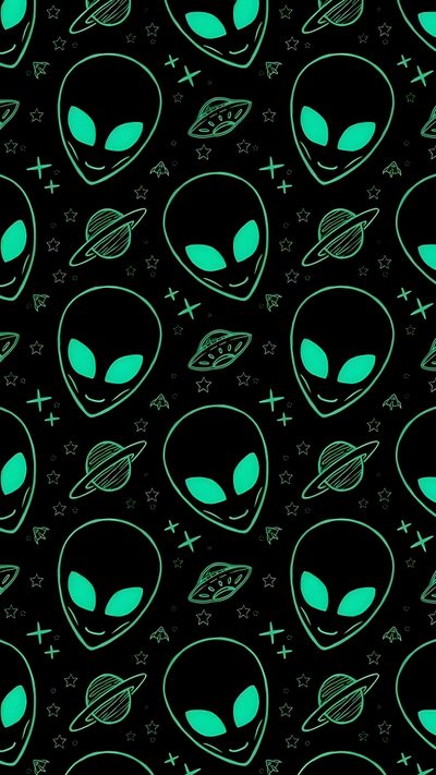 an alien pattern with stars and planets in the background, on a black fabric that has green glow Alien Halloween Alien Iphone, Couple Drawing, Alien Patterns, Illustration Photo, Alien Aesthetic, black