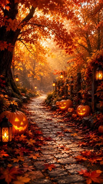a pathway with pumpkins and lanterns lit up in the fall leaves on both sides Halloween Nature Fall, Autumn, Halloween Scenery, Pumpkin Aesthetic, Fall Background, Halloween, saddle brown