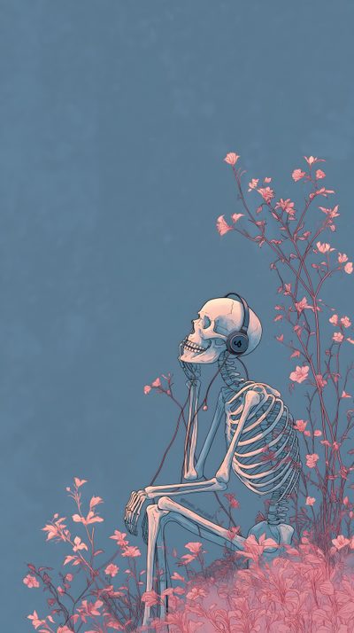 a skeleton sitting on top of a pink flower covered field next to a blue sky Cute Halloween Skeleton Aesthetic Art, Art Series, Creative Art, Bone, Dark Art, light slate gray