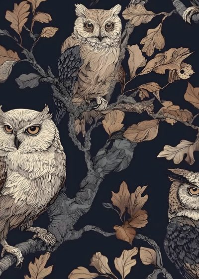 two owls are sitting on the branch of a tree Halloween Owl Vinyl Wall Covering, Dark Green Walls, Woodland, Owl Pet, Renter Friendly, dark slate gray