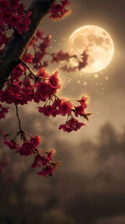 the full moon shines brightly in the night sky with pink flowers on tree branches Moonlight Flowers Halloween Floral Magical Creature, Fantasy Lovers, Storytelling, Wonder, saddle brown