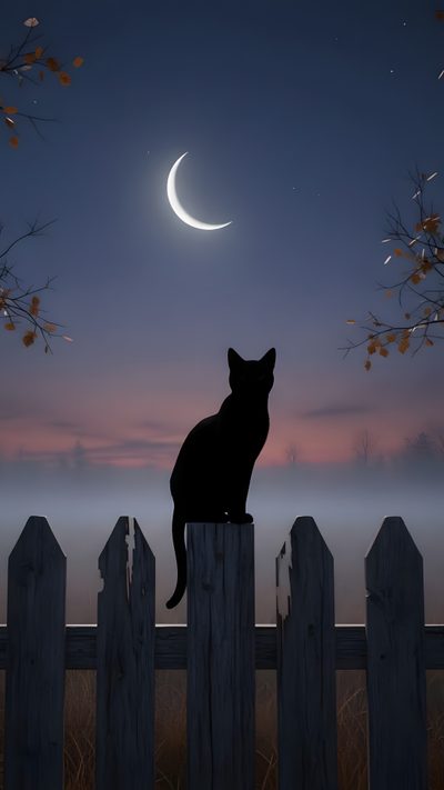 a black cat sitting on top of a wooden fence under a crescent moon and stars Halloween Black Cat Halloween Iphone Cat, Black Cat Silhouette, Cat Silhouette, dark slate gray