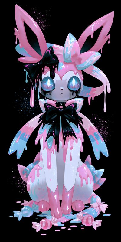a pink and blue cartoon character sitting in the middle of some spilled paint on her face Halloween Sylveon Hd Pokémon, My Pokemon, Pokemon, black