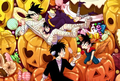 an image of anime characters surrounded by pumpkins Halloween Goku Krillin Halloween, Halloween Goku, Goku Thanksgiving, Kid Goku Halloween, peru