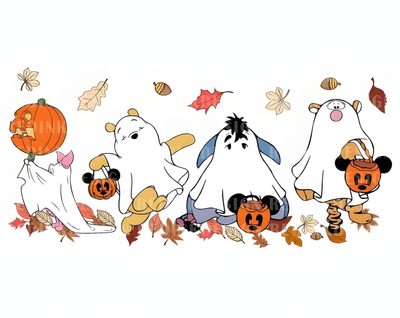 some cartoon characters with pumpkins and leaves Winnie The Pooh Halloween Desktop Aesthetic Fall Desktop, Cute Fall Laptop, Cute Disney Fall, white smoke