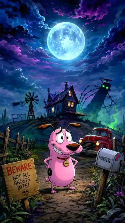 a cartoon character is standing in front of a creepy house with a sign that says beware Cartoon Network Halloween Complex Cartoon, Courage The Cowardly Dog Aesthetic, Cartoon Network Characters, dark slate gray