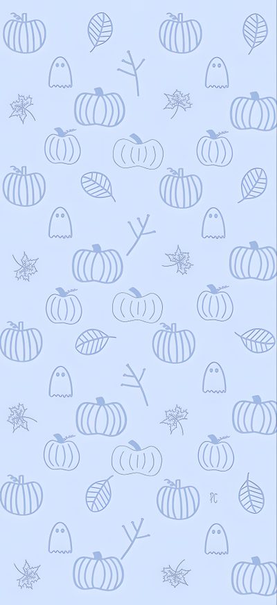 a blue background with pumpkins and leaves on it Cute Light Blue Halloween September Background Iphone, Sept Backgrounds, Simple October Background, lavender