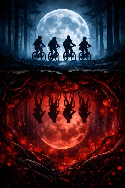 the silhouettes of three people riding bikes in front of a full moon and trees Stranger Things Halloween Stranger Things Ipad, Stranger Things Pictures, Stranger Things Iphone, black