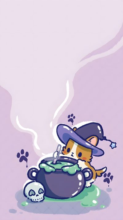a cartoon cat with a witches hat and caulder Corgi Halloween Cute Cute Corgi, Corgi Space, Corgi Witch, Corgi Background Cute, Corgi Ideas, thistle