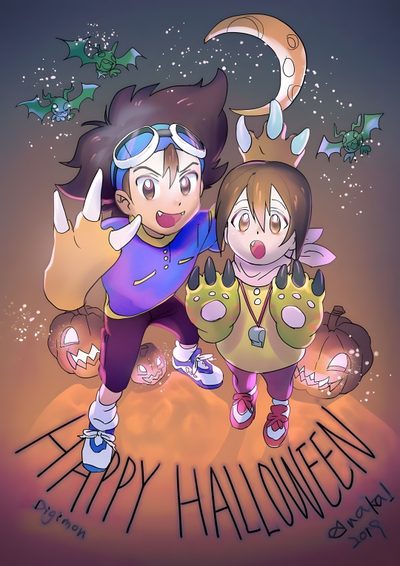 two girls standing next to each other in front of a halloween scene with bats and moon Digimon Halloween Digimon Tai And Agumon, Witch Digimon, Pokemon And Digimon Crossover, Tai Kamiya, dim gray