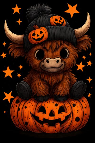 a brown cow sitting on top of a pumpkin with two jack - o'- lanterns Cute Halloween Highland Cow Highland Cow Background, Highland Cows, Cow Cartoon Images, Halloween Cute, black