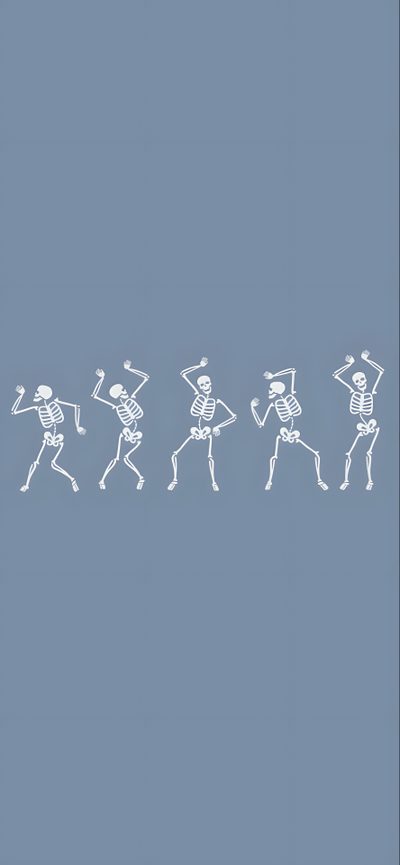 a group of skeletons walking across a blue background Ios 16 Aesthetic Halloween Simple Halloween Lockscreen, Blue Halloween Pictures, Blue Cute Halloween, light slate gray