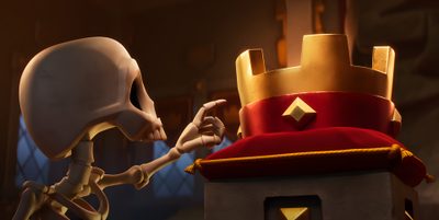 an animated skeleton holding onto a red pillow in front of a large golden crown on top of a building Clash Royale Halloween Clash Royale, Skeleton King Clash, Anime Scenery, Clash Royale Ipad, black