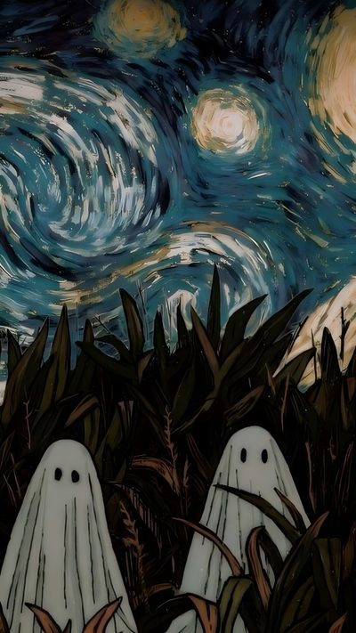 three ghost like figures in the grass under a starry night sky with stars above them Van Gogh Halloween Halloween Iphone, Halloween, Halloween Iphone Backgrounds, dark slate gray