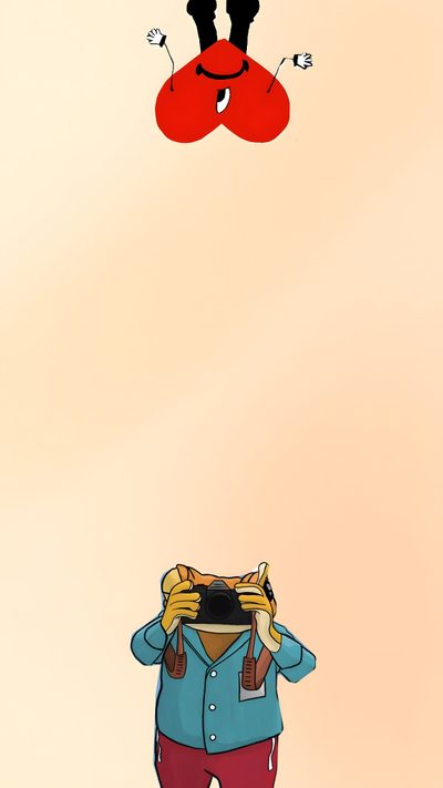 a person with a backpack looking up at a red object in the sky above them Bad Bunny Halloween Home Screen Bad Bunny, Iphone Bad Bunny, Lock Screen Bad Bunny, bisque