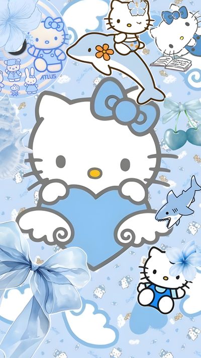 the hello kitty wallpaper is blue and white Blue Hello Kitty Halloween Design, Cute Blue Hello Kitty, Hello Kitty In Blue, Blue, gainsboro