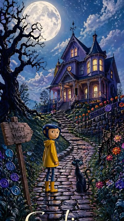 a painting of a person holding an umbrella in front of a house with a cat Halloween Iphone Coraline Coraline 2009, Coraline Castle, Coraline Pictures, Coraline 4k, dark slate gray