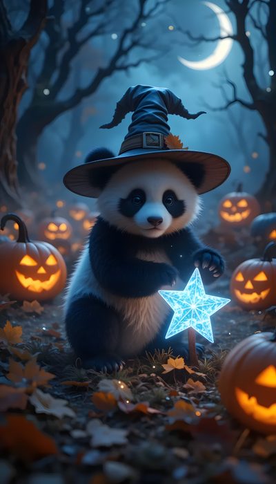 a panda bear wearing a witches hat and holding a star in the woods with pumpkins Halloween Panda Cute Halloween Panda, Halloween, Halloween 1, dark slate gray