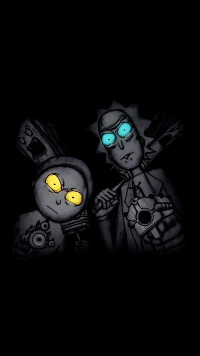 two cartoon characters standing next to each other on a dark background with glowing eyes and one holding Rick And Morty Halloween Rick And Morty 4k Iphone, Rick And Morty 4k, Rick And Morty Phone, black