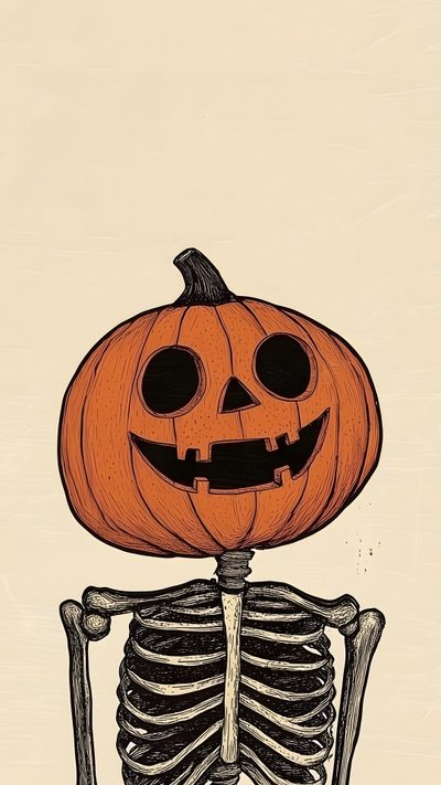 a pumpkin sitting on top of a skeleton Cute Halloween Skeleton Pumpkin Skeleton Drawing, Spooky Pumpkin, Halloween Skeleton, Simple Halloween, wheat