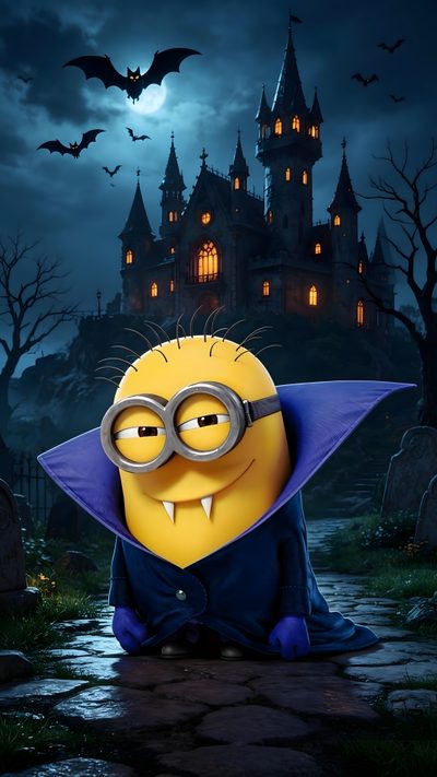a minion sitting in front of a castle at night Minions Halloween Minions Full Hd, Minion Halloween, Minions, Diamond Art, Halloween, Funny, dark slate gray