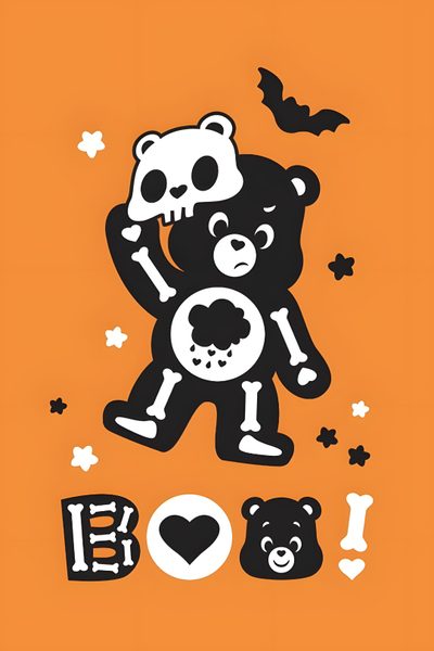 two teddy bears hugging each other with bats in the sky behind them, on an orange background Halloween Care Bear Halloween, Halloween Backgrounds, Halloween Cute, Bear Halloween, Halloween Iphone, peru