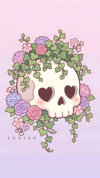 a skull with flowers on it's head Cute Halloween Skull Skull, Gothic Floral Tattoo Ideas, Animated Art, Kawaii Skeleton Drawing, lavender