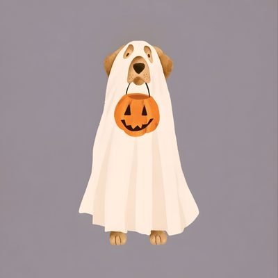 a dog wearing a ghost costume with a jack o lantern on it's chest Halloween Dog Halloween Themed Dog Drawing, Wiener Dog Halloween, Cute Dog In Pumpkin Illustration, light slate gray