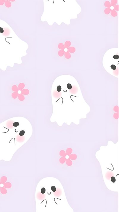 a purple background with white ghost faces and pink flowers Purple Halloween Boo Lilo I Stich, Halloween Iphone Backgrounds, Halloween Backgrounds, lavender