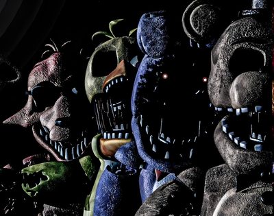 several creepy looking stuffed animals are lined up against a black background with red and blue lights Fnaf Halloween Kpop Love, Fnaf 1, Fnaf, Animatronic Fnaf, Indie Horror, Illustration Japonaise, black