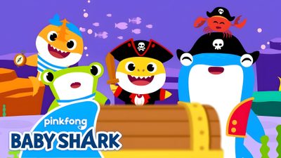 the pinkfong and baby shark characters are standing in front of an open chest Baby Shark Halloween Pinkfong Images, Baby Shark Screensaver, Baby Shark Poster, medium purple
