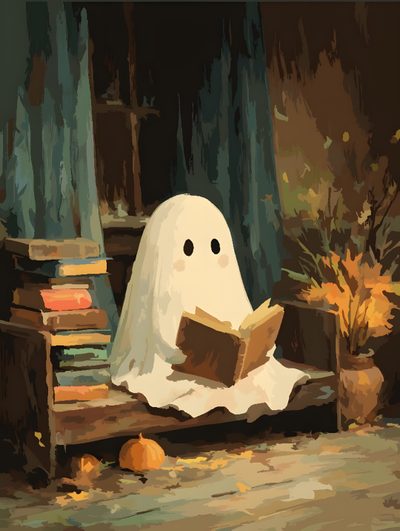 a painting of a ghost reading a book in front of some pumpkins and bookshelves Halloween Reading Library Ghost, Ghost Art, Haunted Library, Ghost Library, dark slate gray