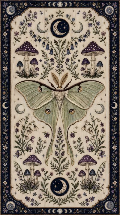 an intricately designed tapestry with moths and mushrooms on it's sides, in the middle Halloween Moth Stargazer, Mariposa, Kobo Screensaver Ideas, Mushroom Drawing Aesthetic, gray