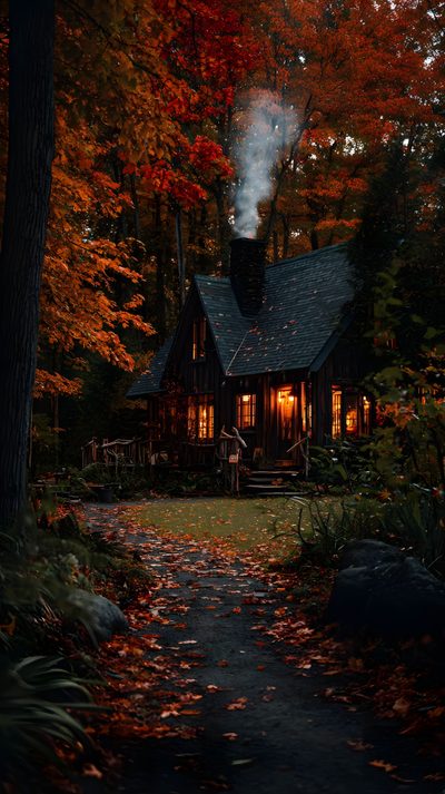 a small cabin in the woods surrounded by trees with leaves on it's ground Halloween Forest House Autumn Cabin Aesthetic, Cozy Autumn Cabin, Forest Autumn Cottage, black