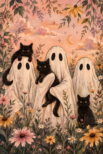 three black cats sitting in the middle of two ghost figures with their arms around each other Halloween Cats Spooky Vibes Aesthetic, Printable Halloween Images, Witchy Cat, dark salmon