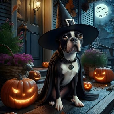 a dog wearing a witches hat sitting on a porch with pumpkins and jack - o'- lanterns Halloween Boston Terrier Halloween Boston Terrier, Boston Terrier Halloween Clipart, Dog Halloween Costumes Boston Terrier, dark slate gray