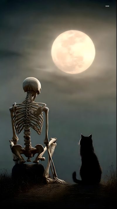 a cat sitting in front of a skeleton with the moon in the sky behind it Halloween Skeleton Cat Skeleton With Cat, Halloween Skeleton Cat, Cute Cat Skeleton, dark slate gray