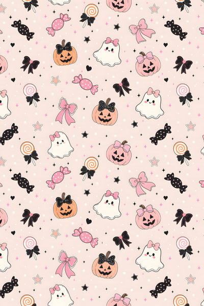 a pink and black halloween themed wallpaper with pumpkins, ghost heads, stars, and bows Aesthetic Pastel Pink Halloween Cutecore Halloween, Preppy Halloween, Pink Halloween, misty rose