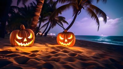 two carved pumpkins sitting on top of a sandy beach Halloween Tropical Halloween Beach Background, Halloween Islands, Summerween Desktop, dark slate gray