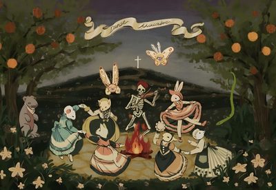 an image of a group of people sitting around a campfire in the woods with oranges Enchanted Halloween Aesthetic Art, Beautiful Art, Art Sketchbook, Whimsical Art, dark slate gray