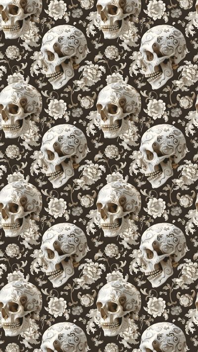 an image of skulls and flowers on a wallpaper pattern in black and white colors Halloween Thorny Skulls Warm Gray Skull Background Aesthetic, Vintage Skull, Vintage Skull Design,