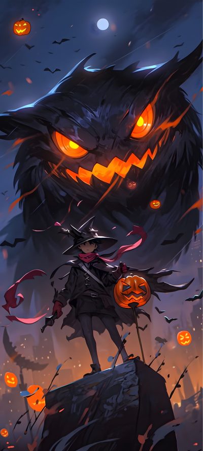 a person standing on top of a hill in front of an evil looking cat with glowing eyes Halloween Anime 4k Halloween Fantasy, Dragon Halloween, Halloween, Kitsune Iphone, dark slate gray