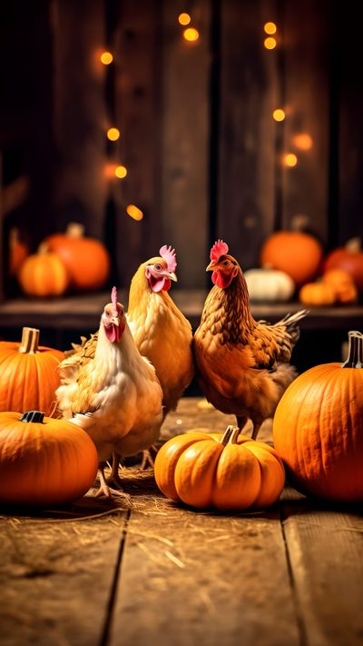 three chickens and two pumpkins on a wooden floor with lights in the background at night Halloween Chicken Pumpkin Farm Animals, Rooster Pumpkin, Aesthetic Chicken Background, saddle brown